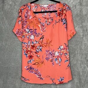 DR2 XXL 2X Shirt Top Coral Pink Floral Flower Short Sleeve Split Scoop Neck